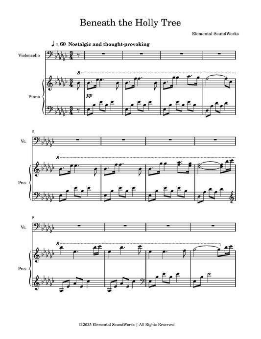 "Beneath the Holly Tree" Sheet Music - Piano and Cello Duet