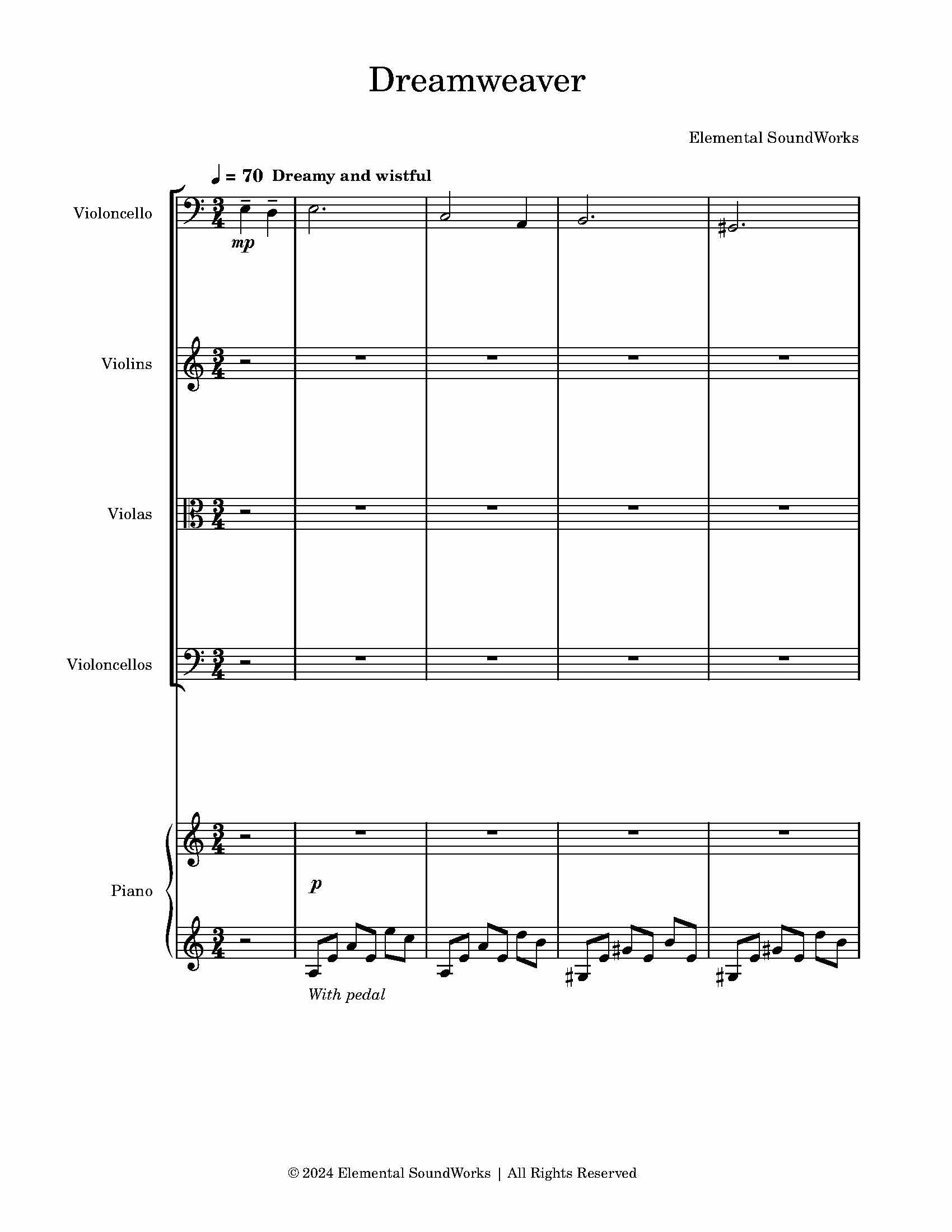 "Dreamweaver" Sheet Music - Piano, Cello, String Ensemble (Violins, Violas, Celli)