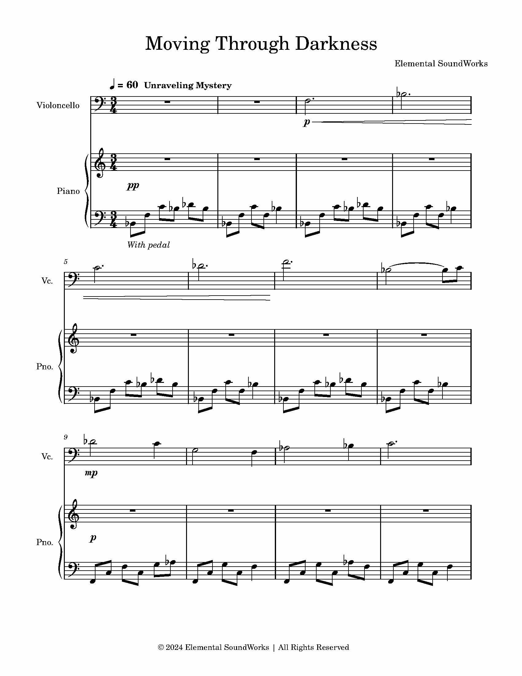 "Moving Through Darkness" Sheet Music - Piano and Cello Duet