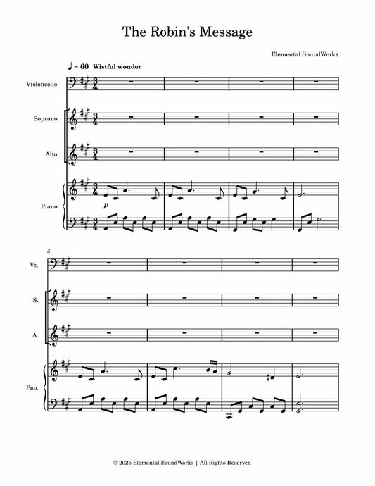 "The Robin's Message" Sheet Music - For Piano, Cello, and Choir
