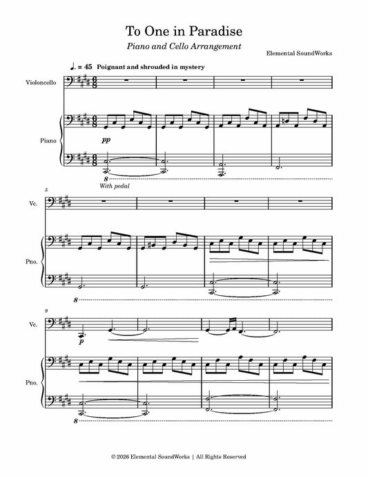 "To One in Paradise" Sheet Music - Piano and Cello Arrangement